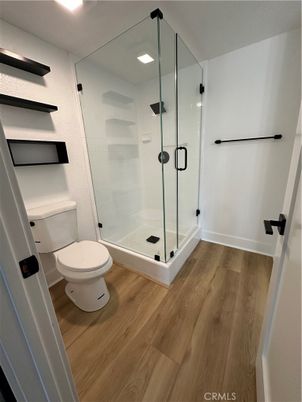 Bathroom, Glass Shower, Interior, Recessed Lighting, Wood Texture Flooring