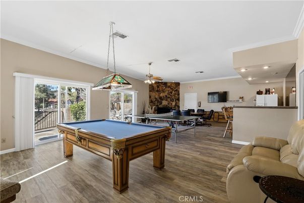 Billiard Table, Game Room, Interior, Pendant Lights, Recessed Lighting, Wood Texture Flooring
