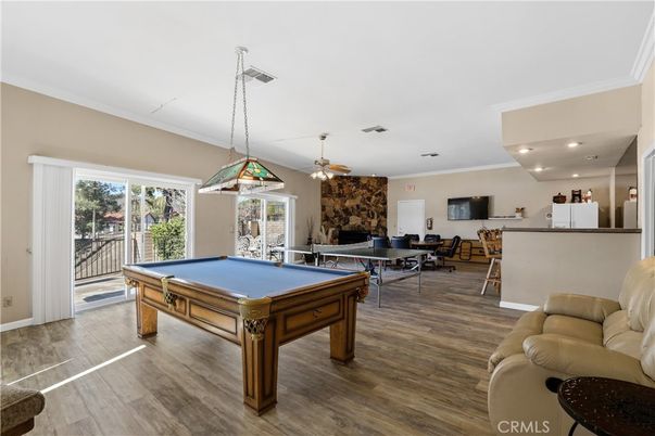 Billiard Table, Game Room, Interior, Pendant Lights, Recessed Lighting, Wood Texture Flooring