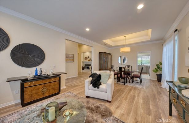 Dining room, Fireplace, Interior, Living room, Pendant Lights, Recessed Lighting, Wood Texture Flooring