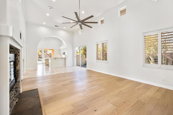 Empty room, Fireplace, Interior, Recessed Lighting, Wood Texture Flooring