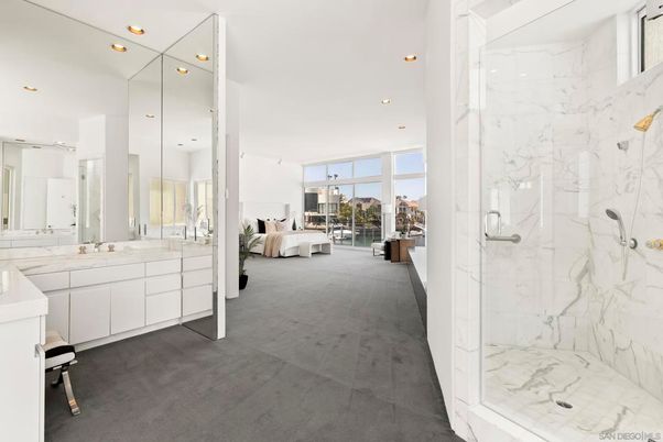 Bathroom, Bedroom, Dual Sink Vanities, Glass Shower, Interior, Marble, Marble Walls, Recessed Lighting