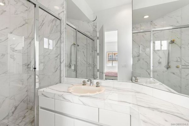Bathroom, Glass Shower, Interior, Marble, Marble Walls, Recessed Lighting