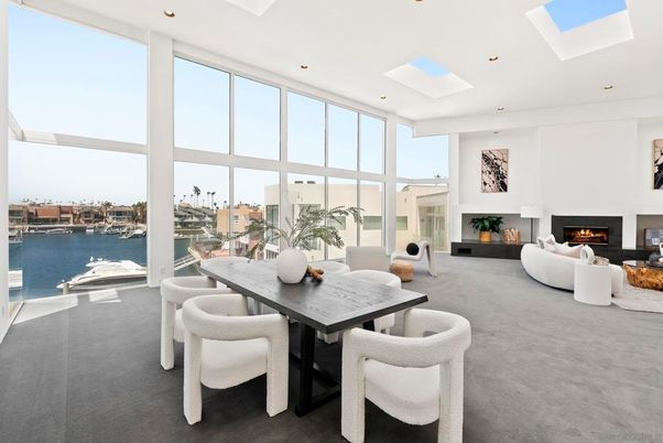 Dining room, Fireplace, Interior, Living room, Recessed Lighting, Water
