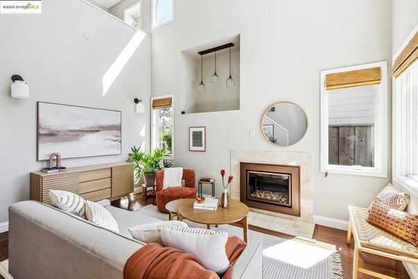 Fireplace, Interior, Living room, Pendant Lights, Wood Texture Flooring