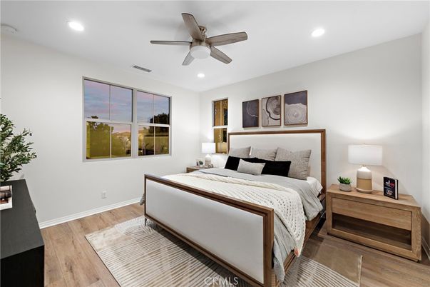 Bedroom, Interior, Recessed Lighting, Wood Texture Flooring
