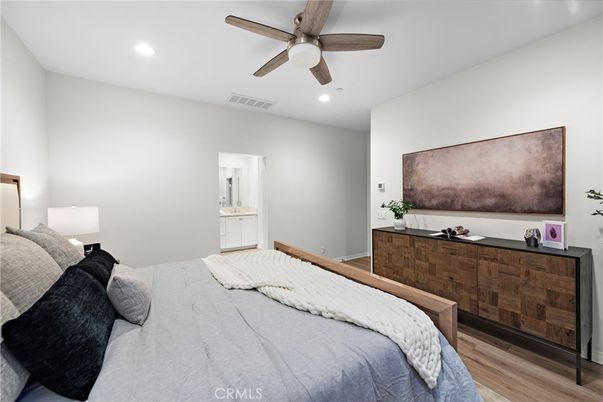 Bedroom, Interior, Recessed Lighting, Wood Texture Flooring