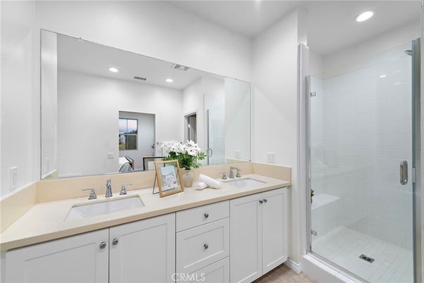 Bathroom, Dual Sink Vanities, Glass Shower, Interior, Recessed Lighting