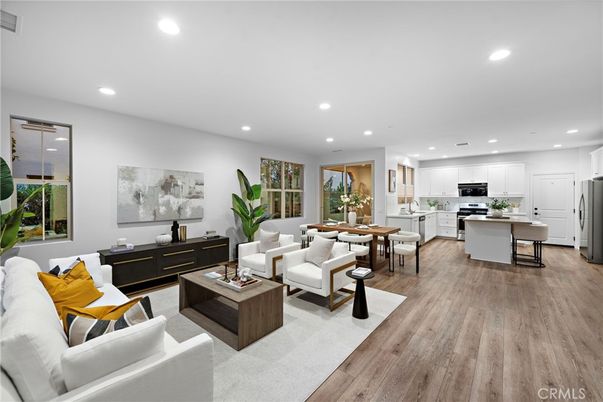 Dining room, Interior, Kitchen, Living room, Recessed Lighting, Stainless Steel Appliances, Wood Texture Flooring