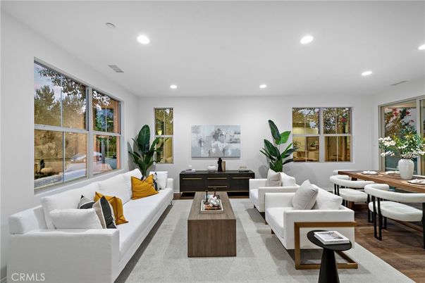 Dining room, Interior, Living room, Recessed Lighting, Wood Texture Flooring