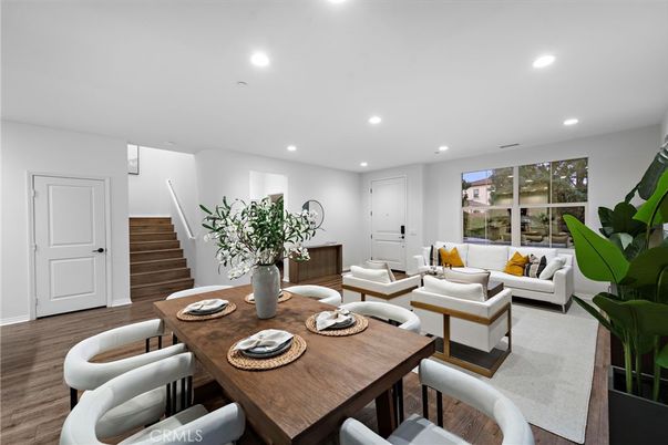 Dining room, Interior, Living room, Recessed Lighting, Wood Texture Flooring