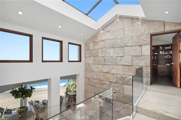Glass Ceilings, Interior, Recessed Lighting, Stone Walls, Water