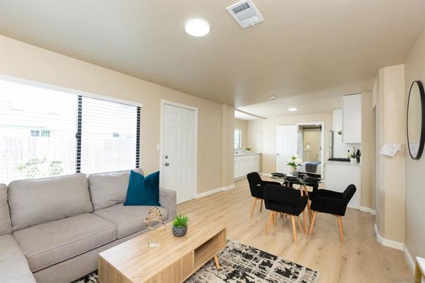 Dining room, Interior, Living room, Recessed Lighting, Wood Texture Flooring