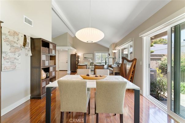 Dining room, Interior, Pendant Lights, Wood Texture Flooring