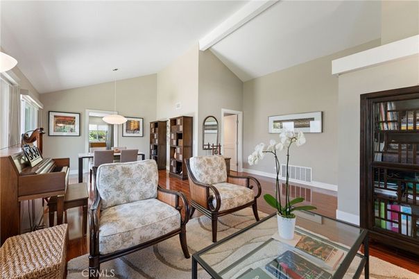 Dining room, Interior, Pendant Lights, Piano, Wood Texture Flooring
