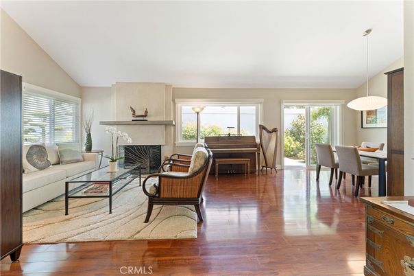 Dining room, Fireplace, Interior, Living room, Pendant Lights, Piano, Wood Texture Flooring