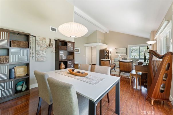 Dining room, Interior, Pendant Lights, Wood Texture Flooring