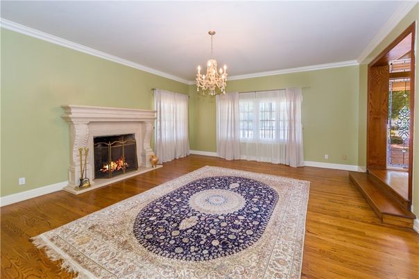 Chandelier, Empty room, Fireplace, Interior, Wood Texture Flooring