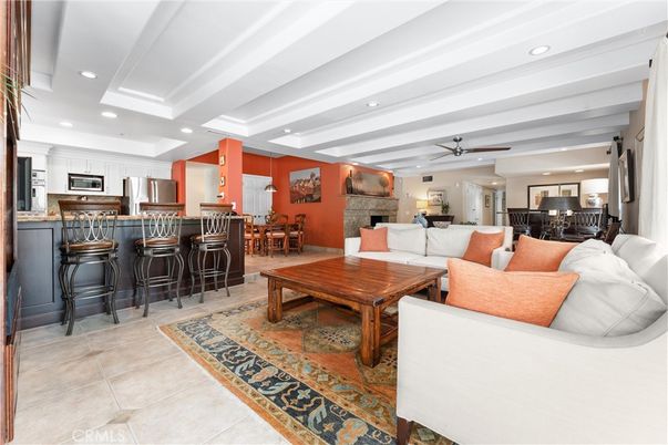 Dining room, Fireplace, Interior, Kitchen, Living room, Recessed Lighting, Stainless Steel Appliances