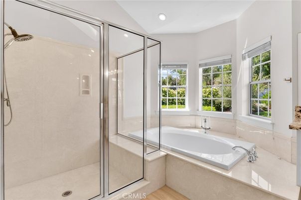 Bathroom, Glass Shower, Interior, Recessed Lighting, Wood Texture Flooring