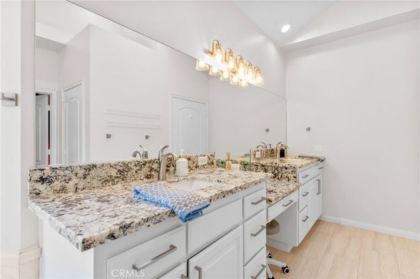Bathroom, Dual Sink Vanities, Interior, Recessed Lighting, Wood Texture Flooring