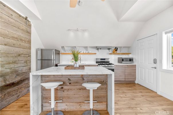 Interior, Kitchen, Stainless Steel Appliances, Wood Texture Flooring, Wooden Walls