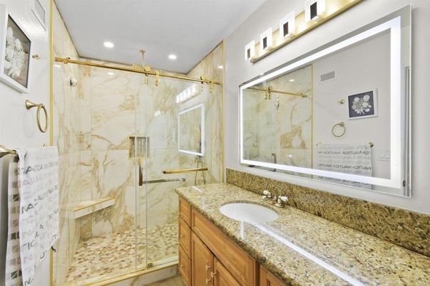 Bathroom, Glass Shower, Interior, Marble Walls, Recessed Lighting