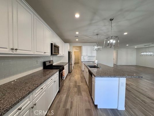 Chandelier, Interior, Kitchen, Pendant Lights, Recessed Lighting, Wood Texture Flooring