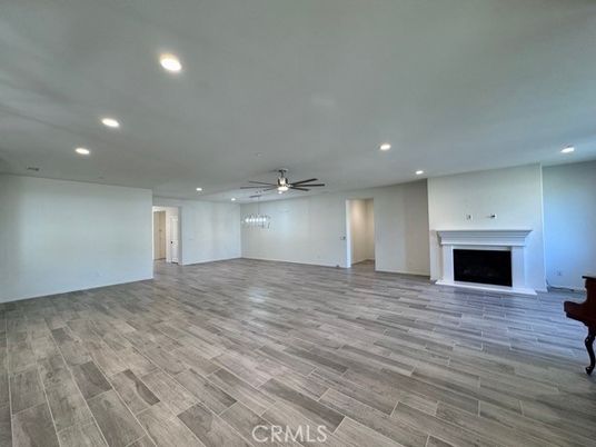 Empty room, Fireplace, Interior, Recessed Lighting, Wood Texture Flooring