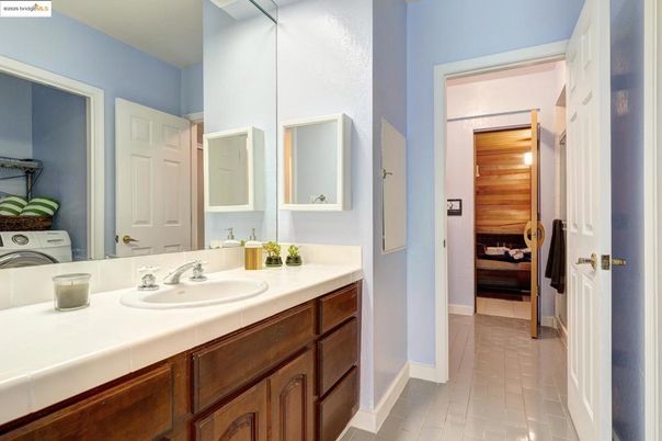 Bathroom, Dual Sink Vanities, Interior, Tile Countertops, Wood Texture Flooring