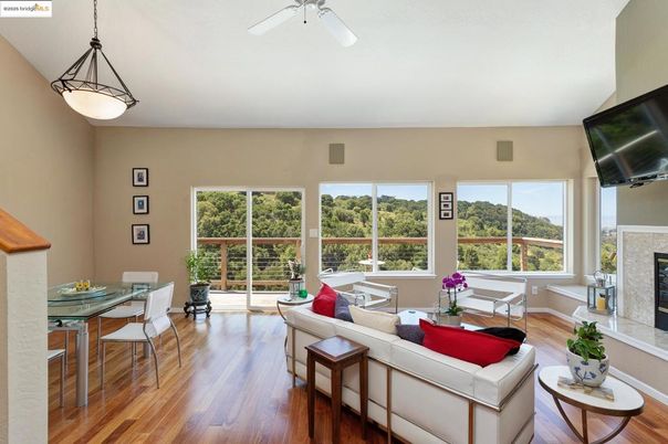 Dining room, Fireplace, Interior, Living room, Pendant Lights, Wood Texture Flooring