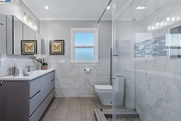 Bathroom, Glass Shower, Interior, Marble Walls, Recessed Lighting, Wood Texture Flooring