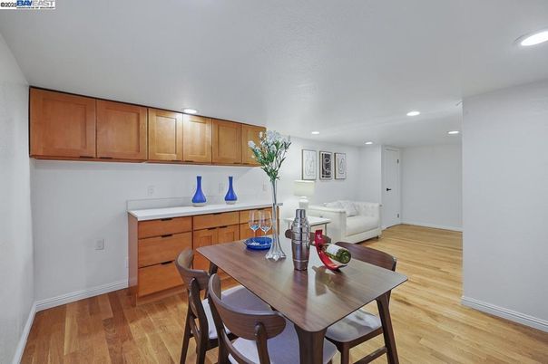 Dining room, Interior, Recessed Lighting, Wood Texture Flooring