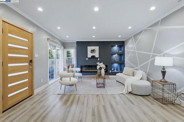 Fireplace, Interior, Living room, Recessed Lighting, Wood Texture Flooring