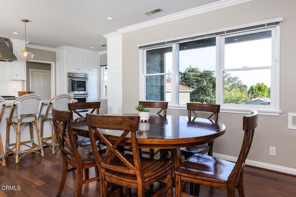 Dining room, Interior, Kitchen, Pendant Lights, Recessed Lighting, Stainless Steel Appliances, Wood Texture Flooring