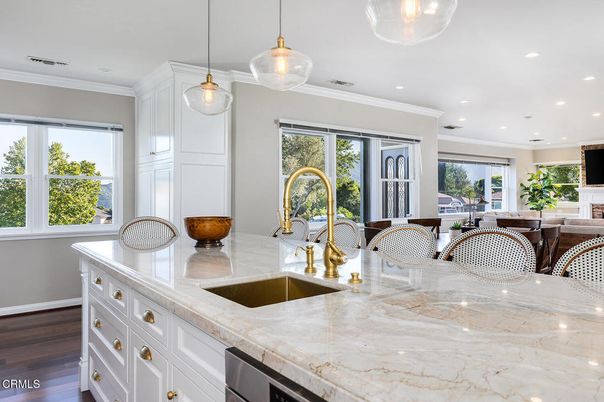 Dining room, Fireplace, Interior, Kitchen, Pendant Lights, Recessed Lighting, Wood Texture Flooring