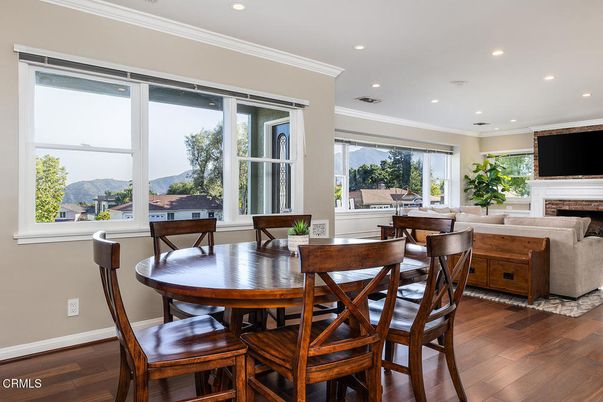 Dining room, Fireplace, Interior, Recessed Lighting, Wood Texture Flooring