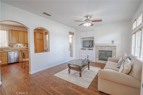 Fireplace, Interior, Kitchen, Living room, Recessed Lighting, Wood Texture Flooring