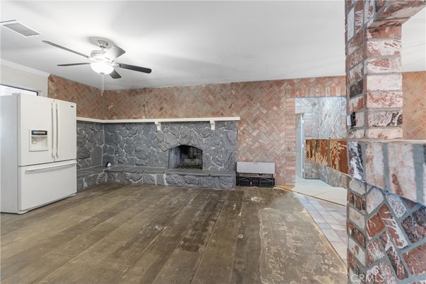 Fireplace, Interior, Kitchen, Stone Walls, Wood Texture Flooring