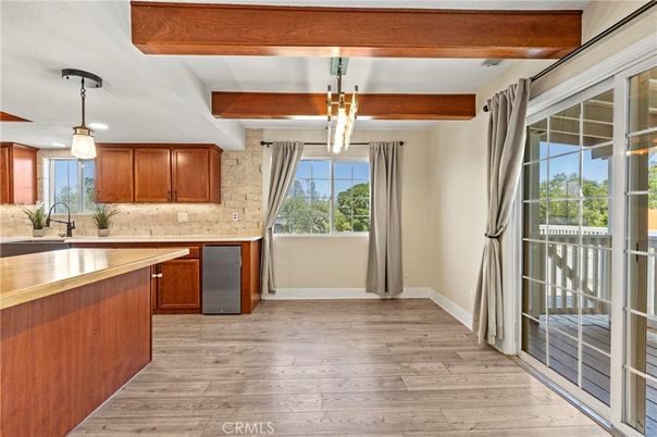 Interior, Kitchen, Pendant Lights, Stone Walls, Wooden Beams, Wood Texture Flooring