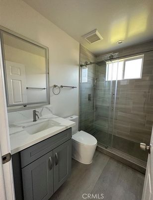Bathroom, Glass Shower, Interior, Wood Texture Flooring