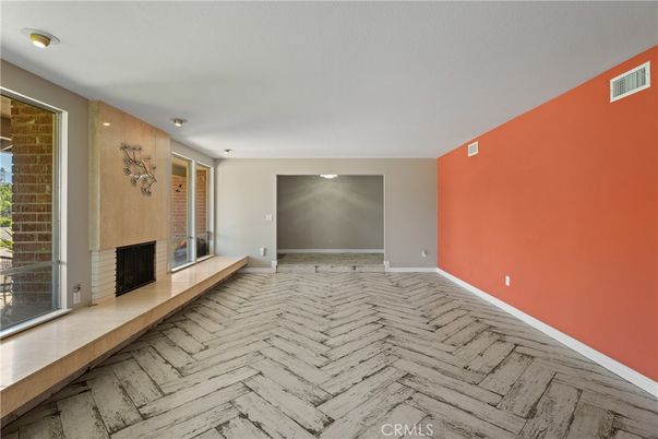 Empty room, Fireplace, Interior, Recessed Lighting, Wood Texture Flooring