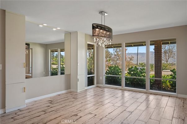 Chandelier, Empty room, Interior, Recessed Lighting, Wood Texture Flooring