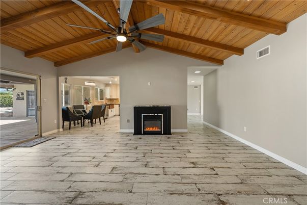 Dining room, Fireplace, Interior, Recessed Lighting, Wooden Beams, Wooden Ceilings