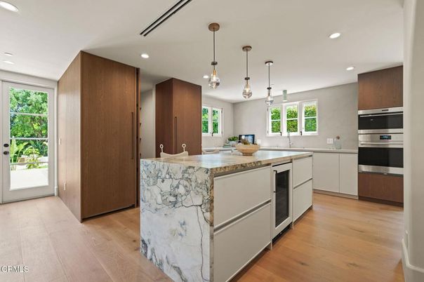 Interior, Kitchen, Pendant Lights, Recessed Lighting, Stainless Steel Appliances, Wood Texture Flooring