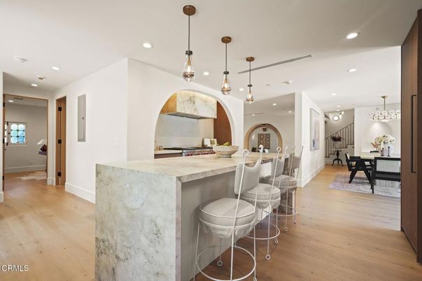 Dining room, Interior, Kitchen, Pendant Lights, Recessed Lighting, Stainless Steel Appliances, Wood Texture Flooring