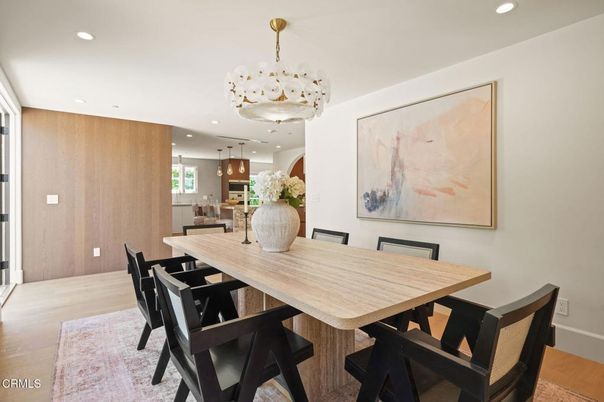 Dining room, Interior, Kitchen, Pendant Lights, Recessed Lighting, Wood Texture Flooring