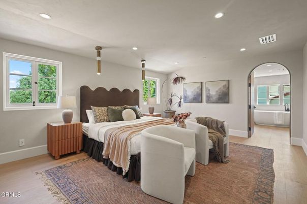 Bedroom, Interior, Pendant Lights, Recessed Lighting, Wood Texture Flooring
