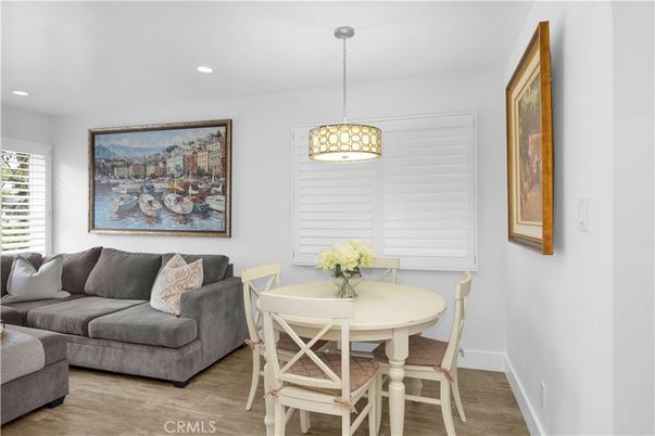 Dining room, Interior, Pendant Lights, Recessed Lighting, Wood Texture Flooring