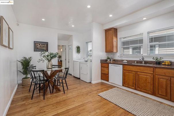 Dining room, Interior, Kitchen, Recessed Lighting, Washer, Wood Texture Flooring